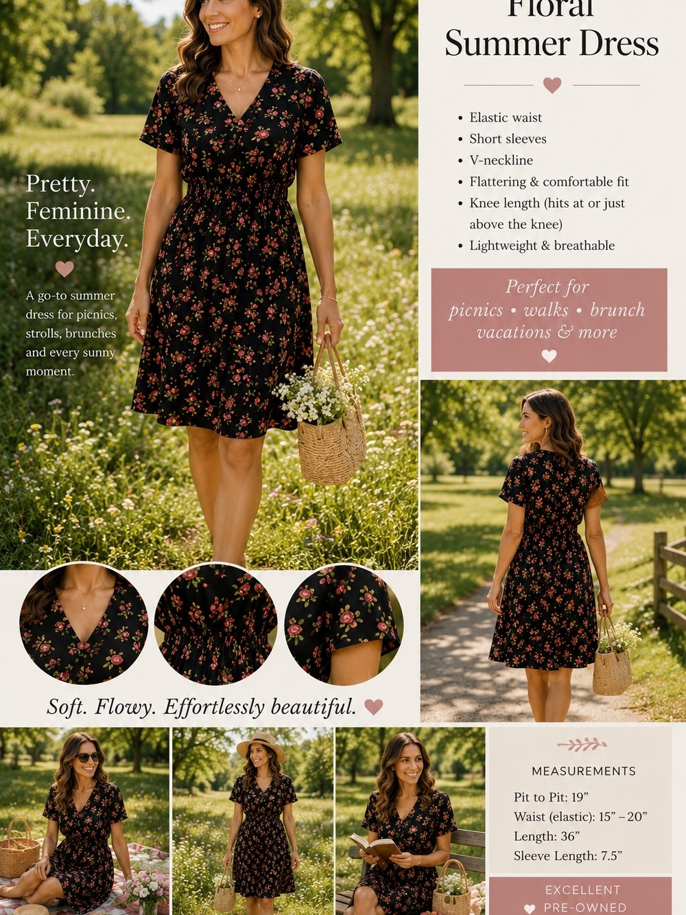 Floral V-Neck Summer Dress in Black with Pink & Red Flowers